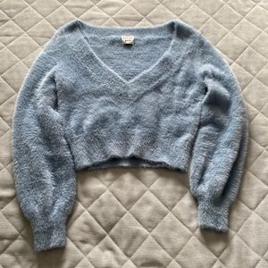 Cropped, baby blue, fuzzy sweater.